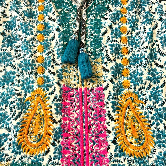 John Mark Boho Embroidered Floral 3/4 Sleeve Peasant Tunic Top Turquoise Small - Picture 4 of 15